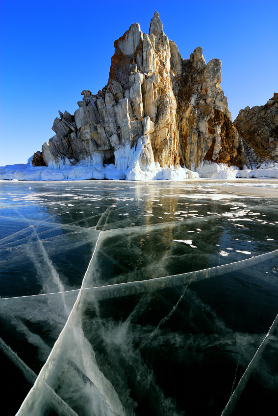 Surface of frozen lake Baikal