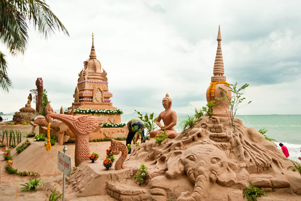Wan Lai and Sand Castle Festival on Songkran Day at Bang San Beach, Chon Buri 