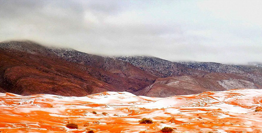 เป็นไปได้ยากมากๆ ที่เราจะมีโอกาสได้เห็น หิมะตก ที่ ทะเลทรายซาฮารา หนึ่งในสถานที่ที่แห้งแล้งที่สุดของโลกแห่งนี้ โดยเหตุเกิดที่เมือง Ain Sefra ประเทศอัลจีเรีย ผู้คนตกใจไม่น้อยที่ได้เห็น หิมะสีขาวปกคลุมทะเลทรายแห่งนี้ แต่เพียงไม่นานหิมะพวกนี้ก็ละลายหายไป คงจะสู้ความร้อนของทะเลทรายไม่ได้แน่ๆ >,< ซึ่งเปารกฏการณ์ หิมะตกที่ทะเลทรายซาฮารา นี้เคยเกิดขึ้นมาแล้วครั้งหนึ่ง ในเดือนกุมภาพันธ์ ในปี 19799